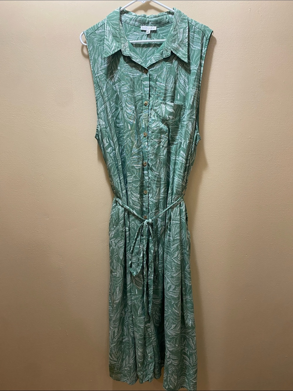 Baltic Born Sleeveless Collared Midi Dress in Sage Green Leaf Print-3XL Office